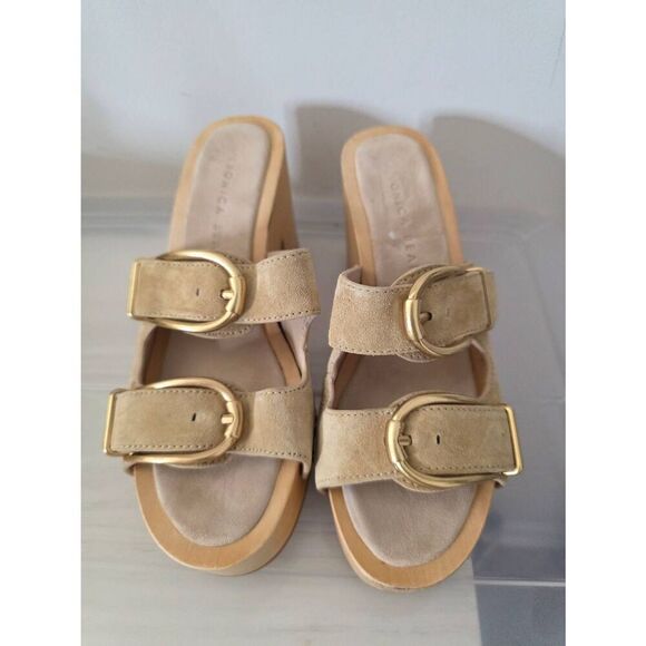 Veronica Beard Halifax Suede Dual Buckle Open Toe High Heel Clog Shoe In Desert - Picture 2 of 9